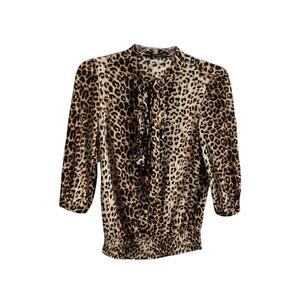 Twenty One Leopard Print Top Ruffle Size S Accent Tie Neck Elastic Waist Spring